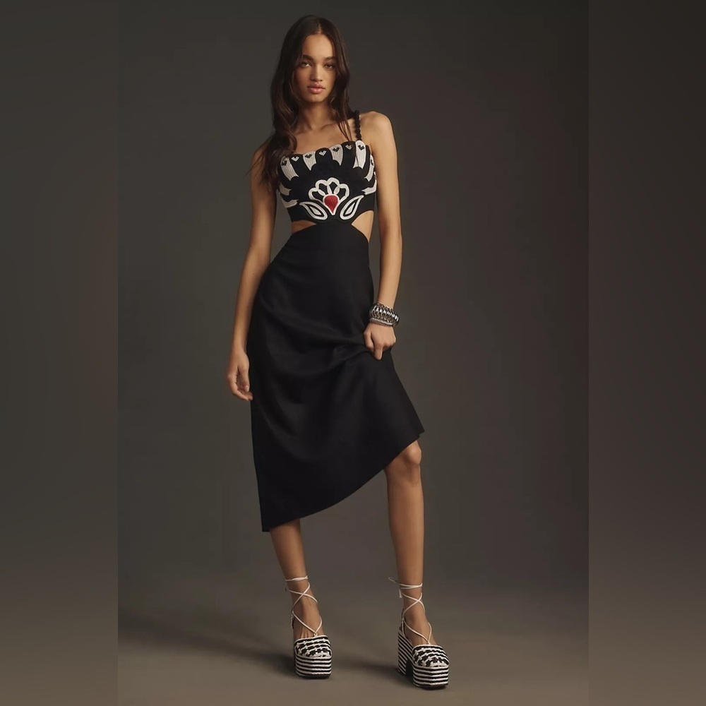 Farm Rio Sleeveless Embroidered Slim Midi Dress